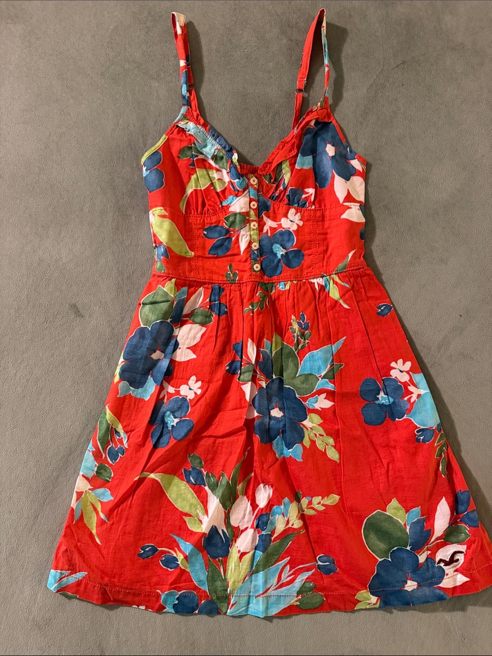 Hollister Red Floral Sundress with Blue Blooms